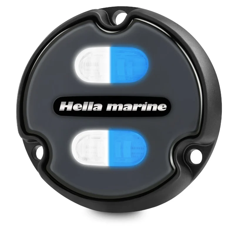 2LT 016 145 001 Apelo Underwater Light A1 Polymer Charcoal Front White Blue Model Angled Left RGB